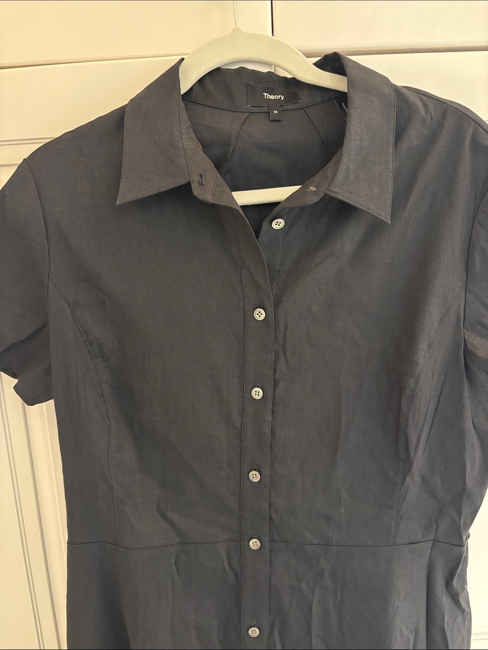 Theory dark navy Short-Sleeve Button Midi Dress. 100% Linen